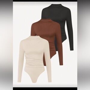 Set of 3pcs Women's Stand Collar Long Sleeve Solid Color Pleated Bodysuit